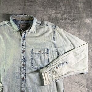 32 Bar Blues Western Acid Wash Denim Button Down Shirt Mens L